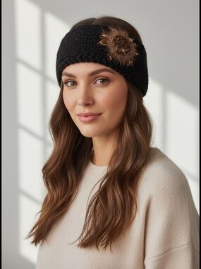 DAVID & YOUNG Black Knit Headband/Ear Warmer w/ Feather Pin 🌟